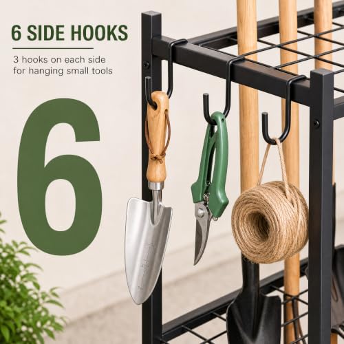 Garden Tool Organizer with Wheels - Garage Storage Rack for Rakes, Shovels, and Tools