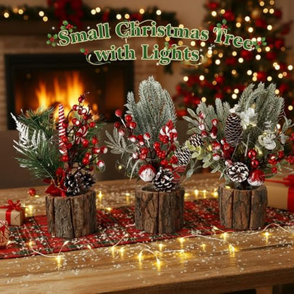 Mini Christmas Tree Set with Lights and Red Berry Accents - Cute Colorful 3-Pack