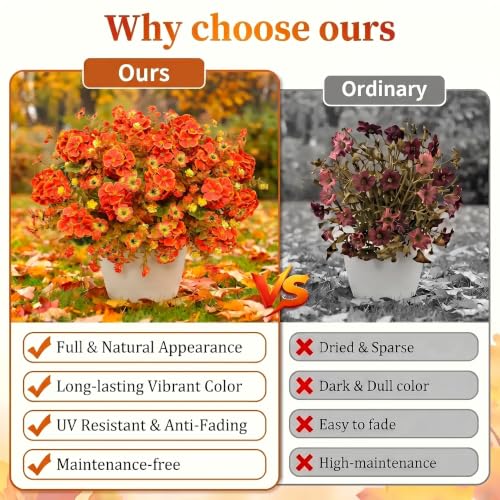 Artificial Geranium Flowers Fall Decor - Orange, 10 Bundles