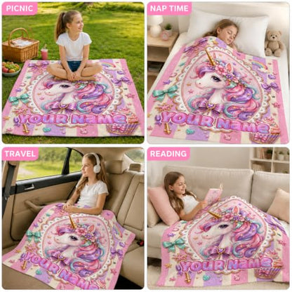 Girls Unicorn Blanket - Custom Gold Kids Throw Blanket - Soft Flannel