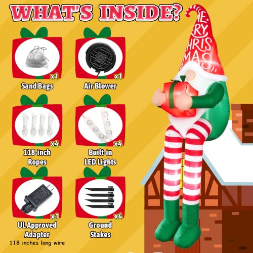 8FT Christmas Inflatable Sitting Gnome Outdoor Decor with LED Lights - Holiday Yard Decoration