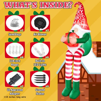 8FT Christmas Inflatable Sitting Gnome Outdoor Decor with LED Lights - Holiday Yard Decoration