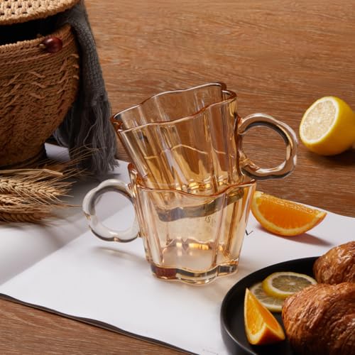 Amber Floral Glass Coffee Mug Set of 4 with Spoons - 11oz Vintage Design