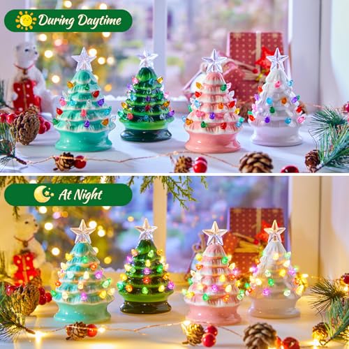 Mini Ceramic Christmas Tree Set - 4 Pack Pre-Lit Tabletop Holiday Decor - White, Green, Pink, Light Green