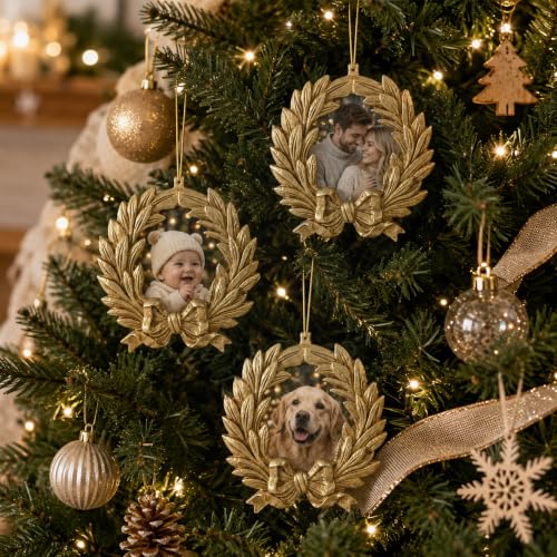 Resin Christmas Tree Ornaments Set of 4 - 3.1 Inch Photo Frames for Holiday Decor