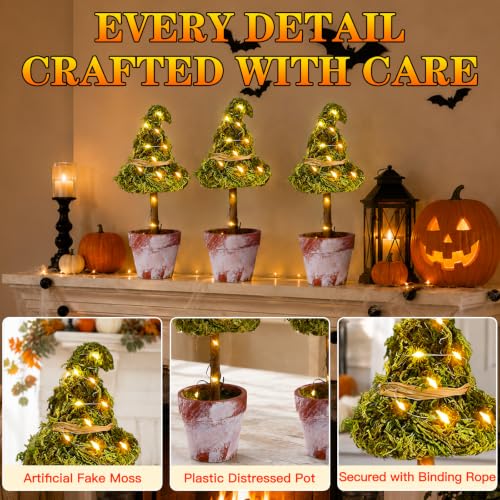 Halloween Witch Hat Topiary Plant Decor with LED Lights - 3 Pieces, Woodland Style