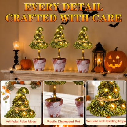 Halloween Witch Hat Topiary Plant Decor with LED Lights - 3 Pieces, Woodland Style