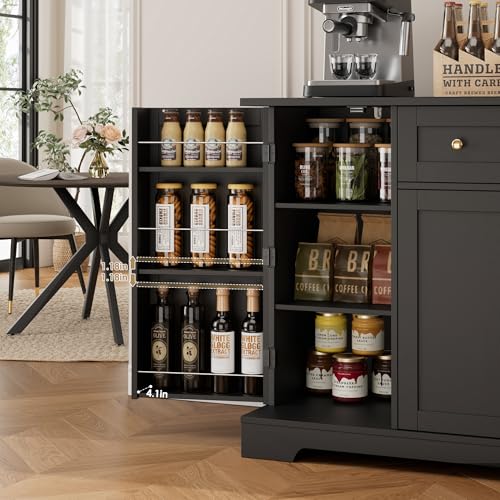 54-Inch Black Kitchen Buffet Cabinet with Storage Drawers & Shelves
