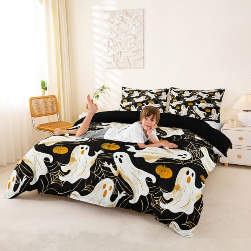Halloween Ghost Duvet Cover Set Queen Size Black Orange Pumpkin Bedding