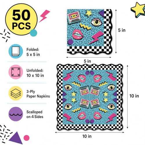 Retro Hip Hop Party Napkins 50 Pack - 80s 90s Cocktail Table Decor