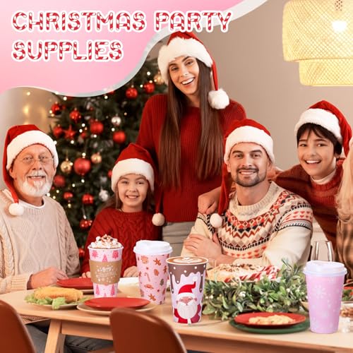 60 Pack Christmas Coffee Cups with Lids & Sleeves - 16 oz Festive Holiday Design Snowflakes Santa Gingerbread Polka Dots