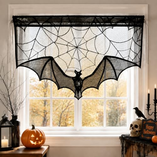 Halloween Black Lace Bat Window Curtains - Spiderweb Design, 2 Pack - Variation of Black-Bat/2