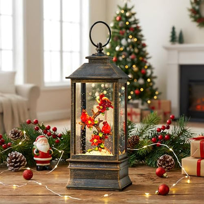Christmas Snow Globe Lantern with Music & Timer - Cardinal Red, 10.4''