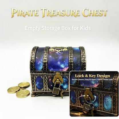 Starry Galaxy Treasure Chest with Lock and Key - Kids Pretend Play Storage Box, Classroom Prize Container