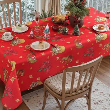 Honellaty Christmas Sled Rectangular Tablecloth 60x120 Inch Red with Poinsettia & Bells