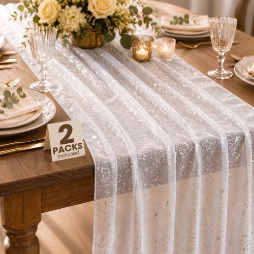 White Silver Foil Tulle Table Runner 27.5 x 120 Inches - 2 Pack, Elegant Wedding Decor