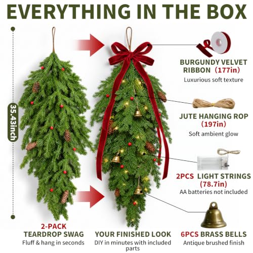 Lighted Christmas Teardrop Swag Set with Norfolk Pine Look - 2-Pack