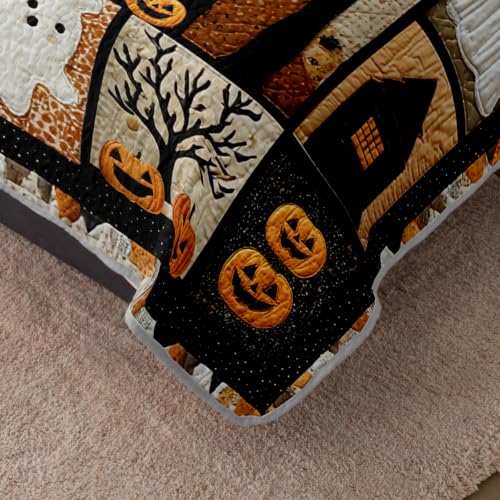 HOSIMA Kids Halloween Bedspread King Patchwork Quilt with 2 Pillowcases - Orange-Black