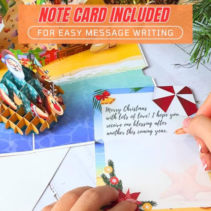 Tropical Pop Up Christmas Card with Envelope - 6x8 Inch Holiday Greeting Card for Kids, Family, Friends