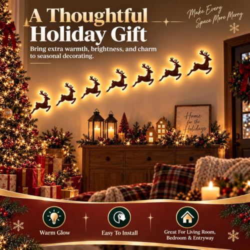 3D Wooden Reindeer Wall Decor with Santa Sleigh - Christmas Indoor Display (#B)