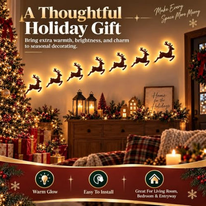 3D Wooden Reindeer Wall Decor with Santa Sleigh - Christmas Indoor Display (#B)