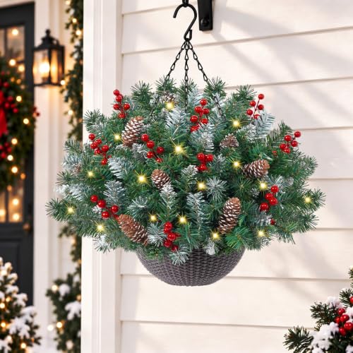 24 Inch Artificial Christmas Hanging Basket with Lights - Outdoor Decor - Variation 1