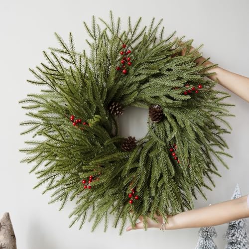 Large 24 Inch Artificial Christmas Wreath with Red Berries Pine Cones - Real Touch Front Door Decor