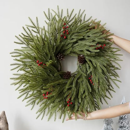 Large 24 Inch Artificial Christmas Wreath with Red Berries Pine Cones - Real Touch Front Door Decor