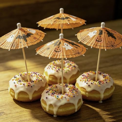 Halloween Cocktail Umbrella Picks with Pumpkin Ghost Bat Design - 50 Pcs
