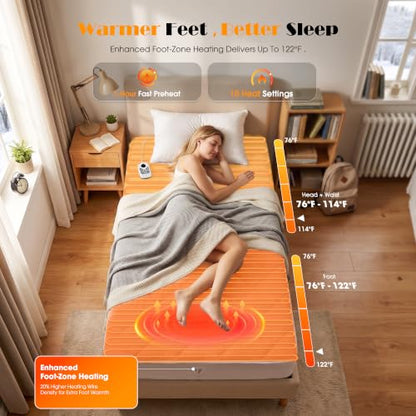 White Heated Mattress Pad Twin XL with Foot Zone & Fast Preheat
