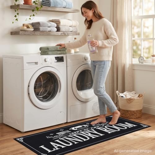 Black Laundry Room Rug Runner 20" x 47" Non-Slip Quick Dry Floor Mat