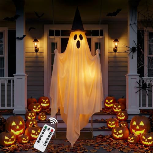 Halloween Outdoor Swinging Ghost Decor - 5.1FT Spooky Hanging Ghost with Lights