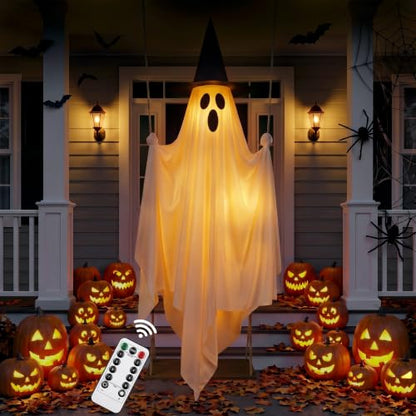 Halloween Outdoor Swinging Ghost Decor - 5.1FT Spooky Hanging Ghost with Lights