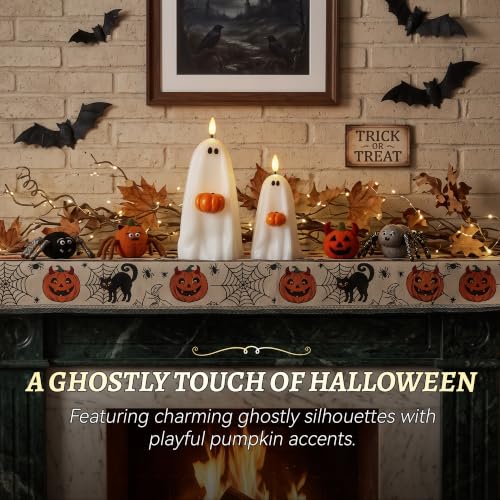 Halloween Ghost Flameless Candles with Pumpkin, Remote Control, Real Wax, Battery Operated Decor