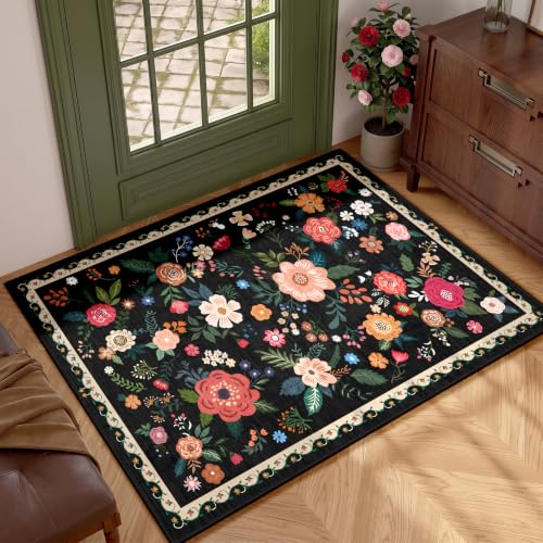 Entryway Rug 2x3 Black Floral Washable Non-Slip Indoor Mat - Home Decor