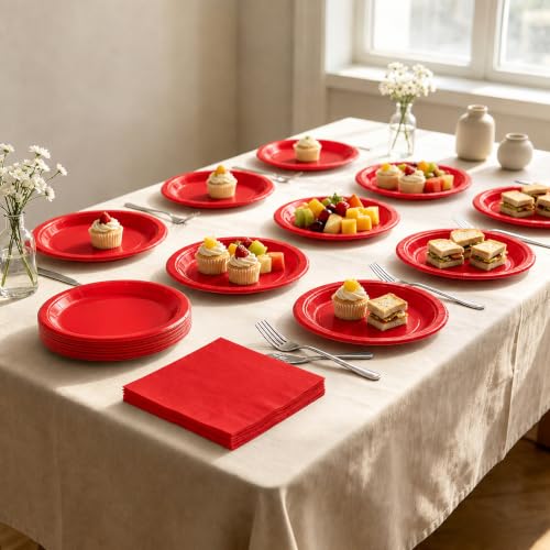 Red Paper Plates and Napkins Set - 50PCS Party Supplies for Events - Red
