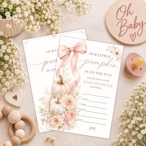 Fall Pumpkin Baby Shower Invitations for Girl - 25 Invites with Envelopes - Variation A04