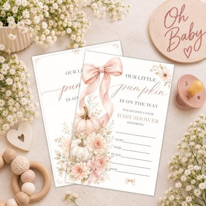 Fall Pumpkin Baby Shower Invitations for Girl - 25 Invites with Envelopes - Variation A04