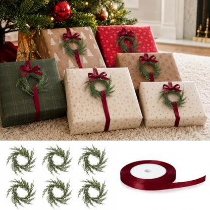 Mini Christmas Wreath Gift Topper Set - Cedar, 6 Pcs 1.97'' Holiday Decor