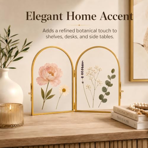 Double Glass Pressed Flower Frame - Gold 5x7 Inch Floating Picture Frame - Arched Design