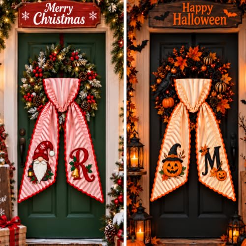 Halloween Striped Monogram Wreath Sash - Fall Front Door Decor