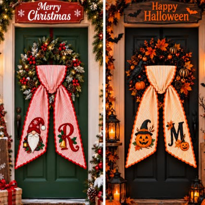 Halloween Striped Monogram Wreath Sash - Fall Front Door Decor