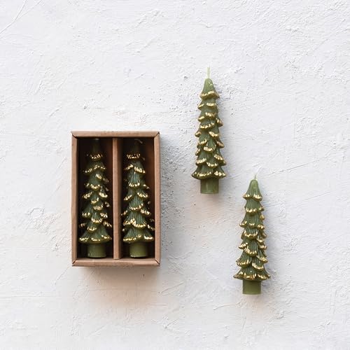 Evergreen Tree Shaped Taper Candles with Gold Tips - Set of 2, 4.75"