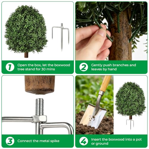 Artificial Boxwood Topiary Bush Set - 2 Pack 27 Inch Outdoor Faux Greenery with Metal Ground Spikes
