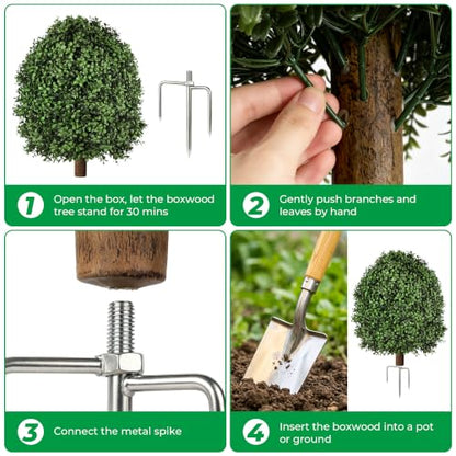 Artificial Boxwood Topiary Bush Set - 2 Pack 27 Inch Outdoor Faux Greenery with Metal Ground Spikes