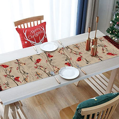 Vintage Bird Branch Table Runner - 13 x 72 Inches Winter Cardinal & Chickadee Berry