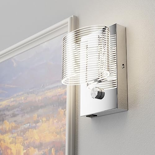 URSOLA Wall Sconce LED Wall Lamp with Dimmer Switch and USB Charging Port Oval Linear Sleek Lampshade 110 Volt Hardwired Wall Light 4000K Sconces Wall Lighting (Chrome)