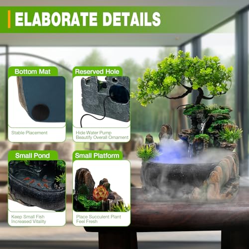 Indoor Tabletop Fountain with Mist Maker and LED Light - Decorative Waterfall