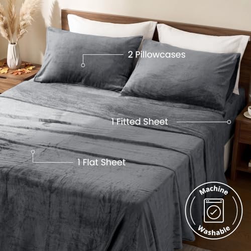 Love's Cabin Flannel Sheets Set Queen Grey 4 Pieces Deep Pocket