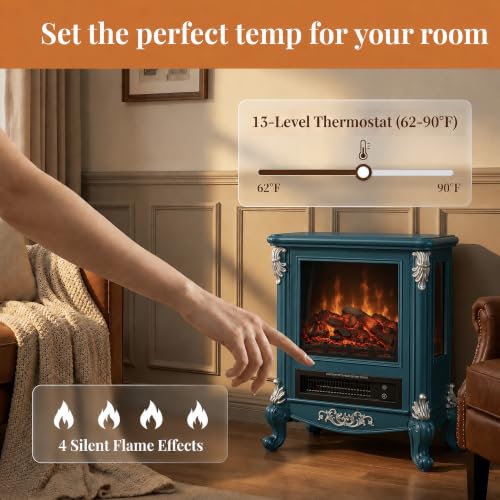 Electric Fireplace Stove 1500W Freestanding Room Heater - Blue